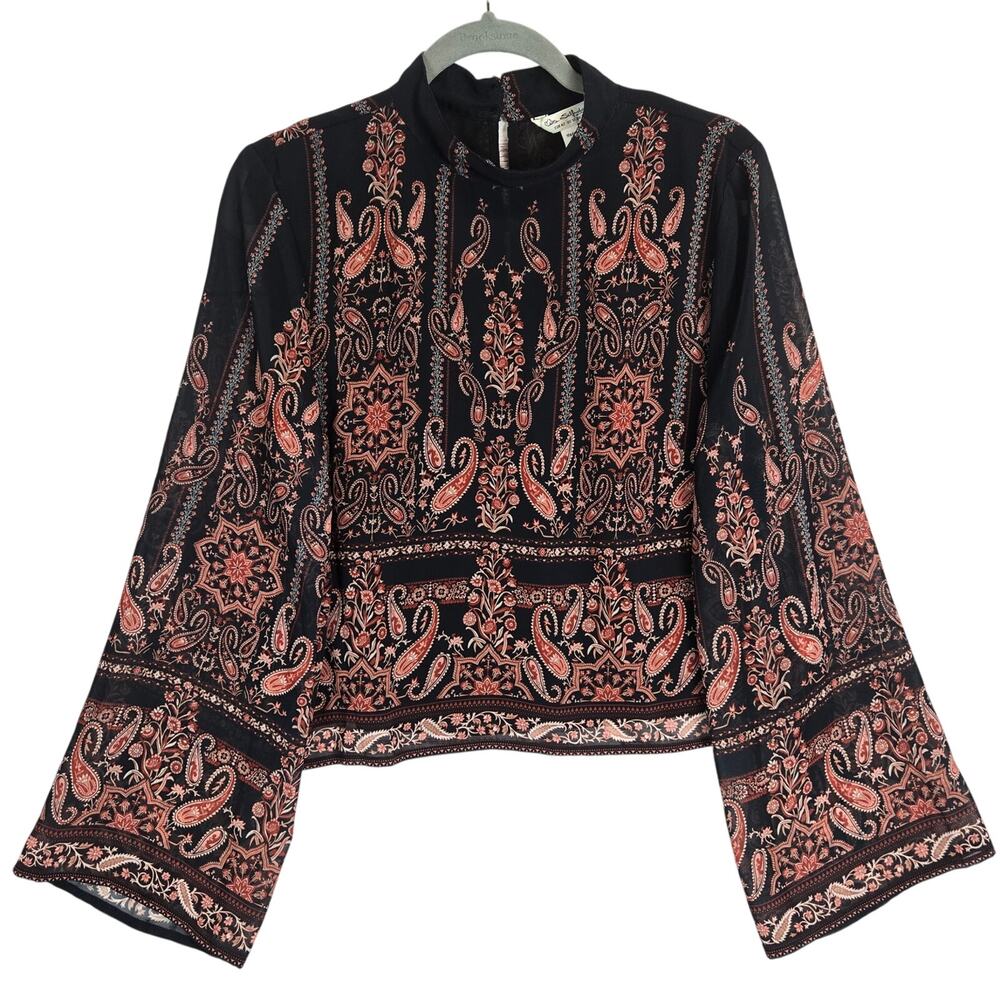 Miss Selfridge Black Red Paisley Blouse 10 Sheer Flare Sleeves Boho Party Chic